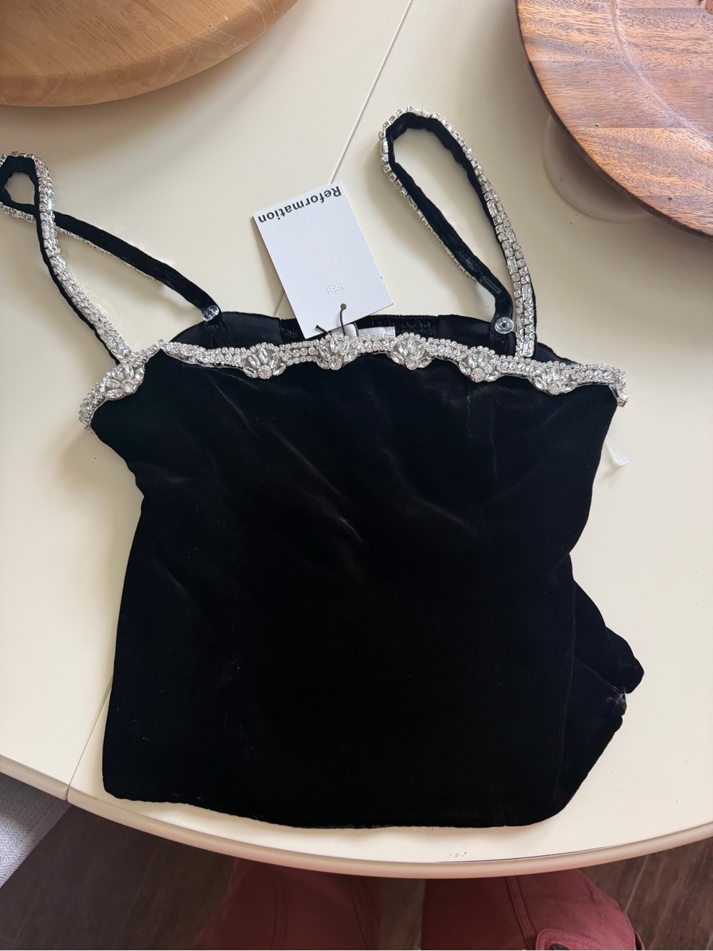Reformation Black Velvet Cami with Rhinestone Trim